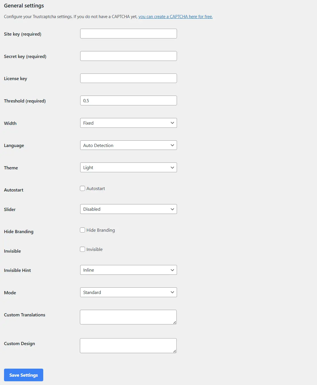 TrustCaptcha WordPress settings