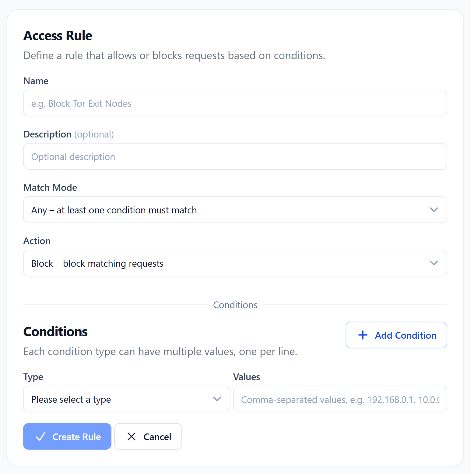 Access rule editor with name, match mode, action, and configurable conditions