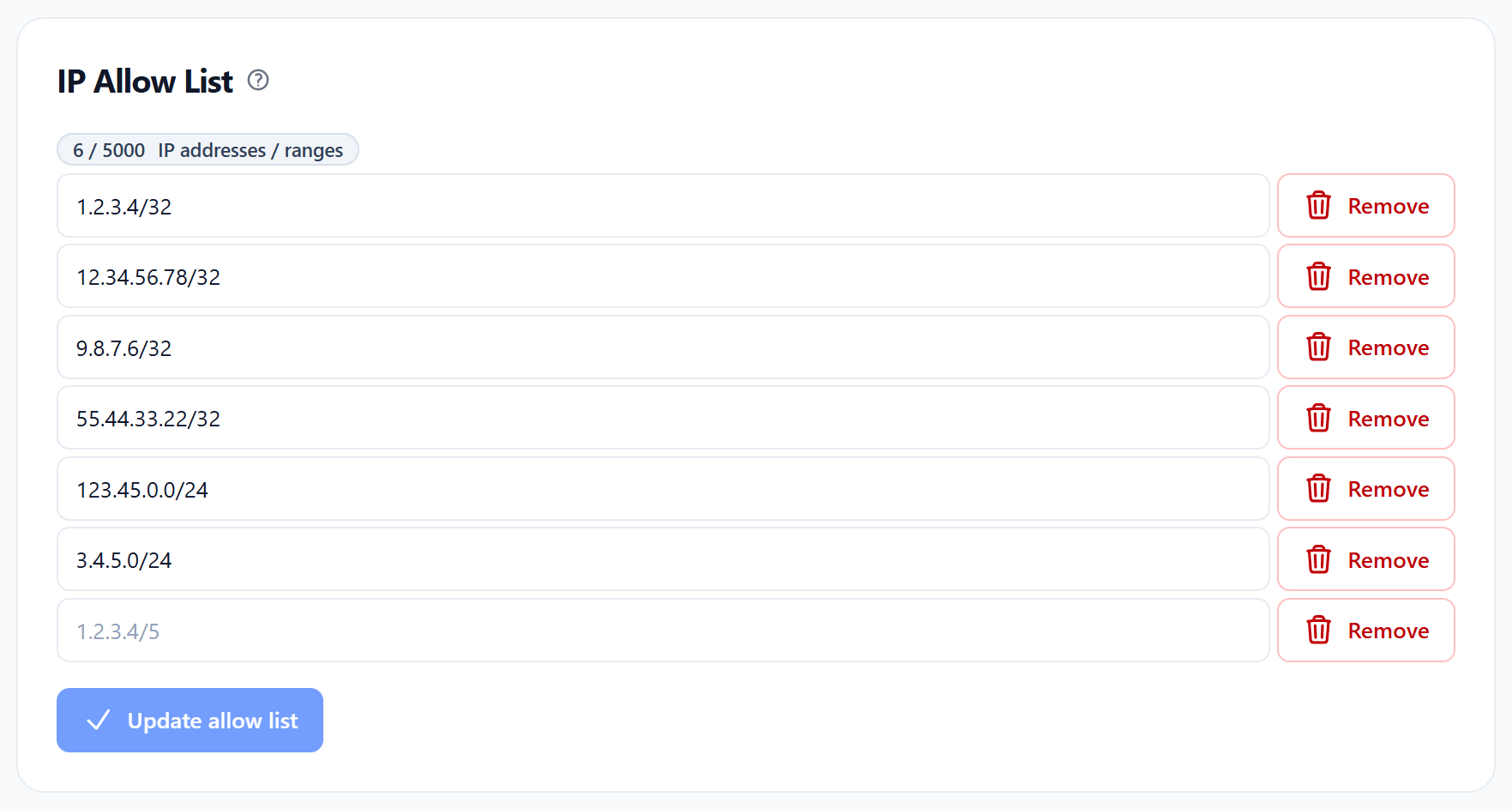 IP allowlist and blocklist with editable IP address and range entries