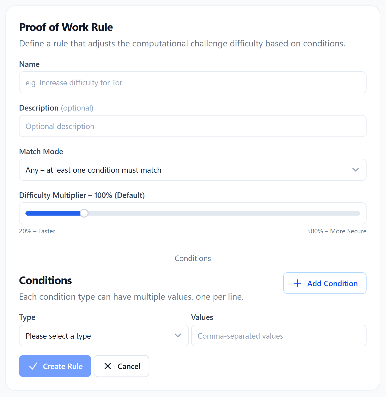 Proof-of-Work rule editor with name, match mode, difficulty multiplier slider, and conditions