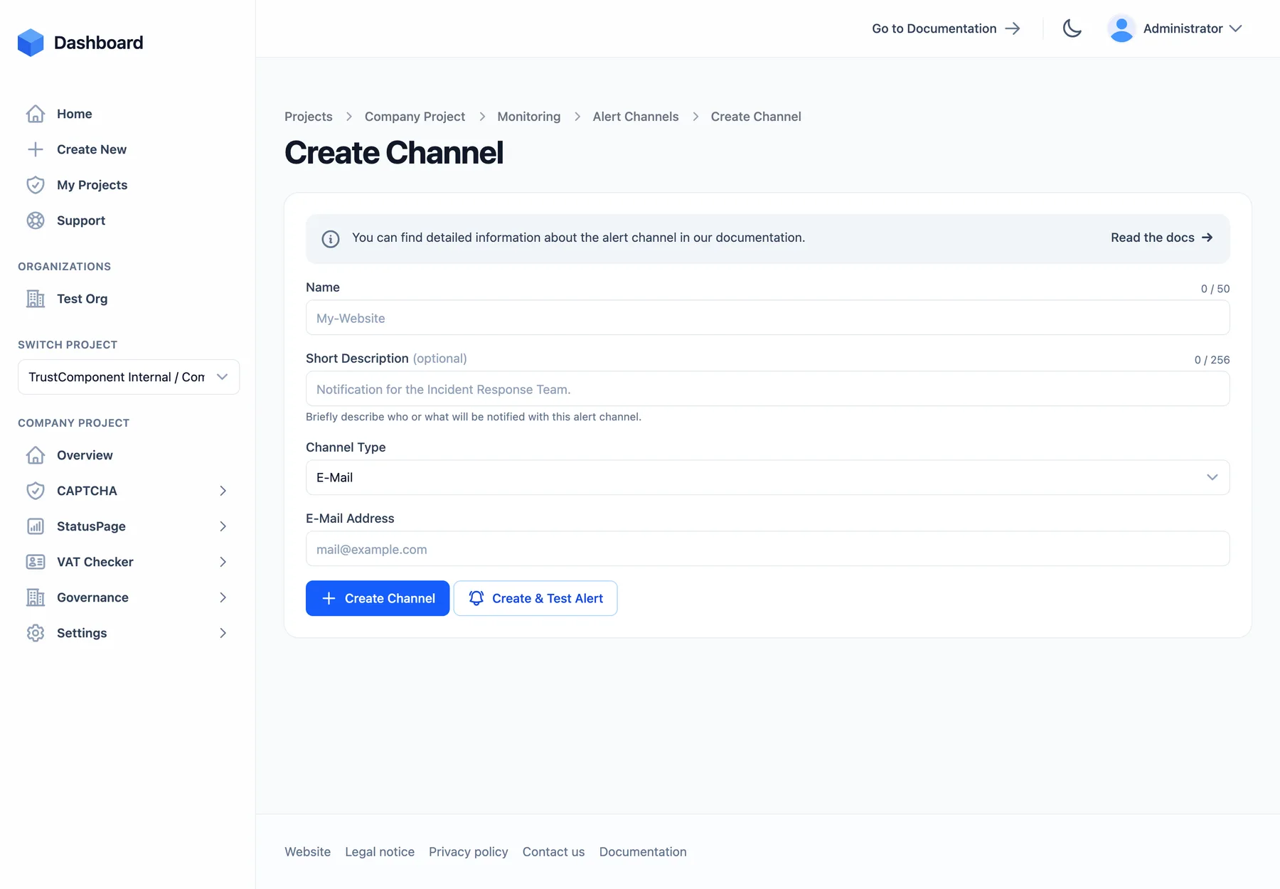 The Create Channel form with name, channel type, and type-specific configuration