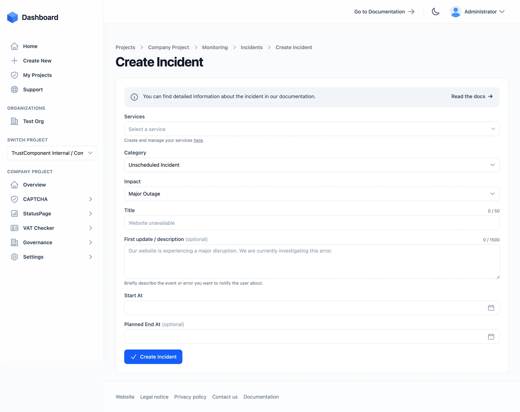 The Create Incident form with services, category, impact, title, first update, and timing