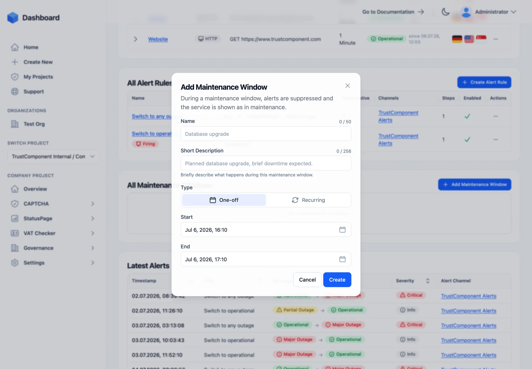 The Add Maintenance Window dialog with name, description, one-off/recurring type, and start/end pickers