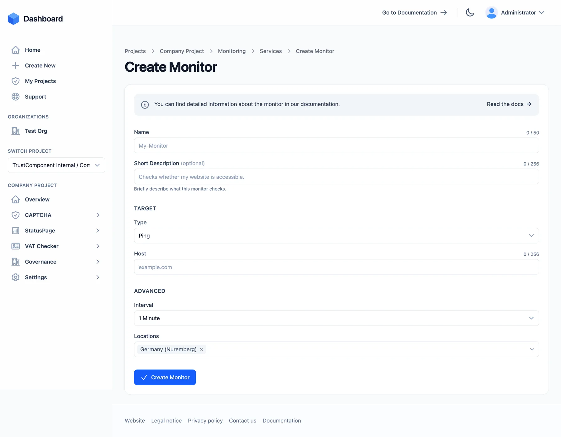 The Create Monitor form with name, type, target, interval, and locations