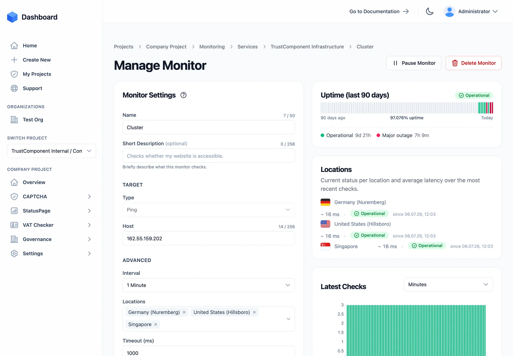 A monitor's detail page with per-location status and latency, uptime bars, and the monitor settings