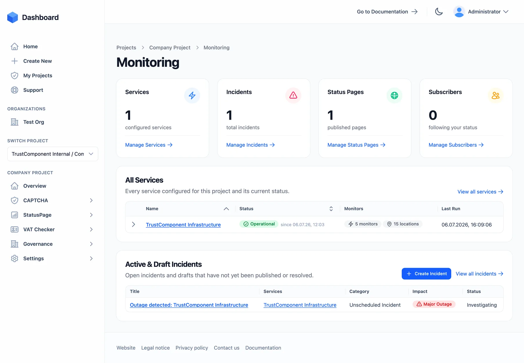 The Monitoring overview page with tiles for services, incidents, status pages, and subscribers