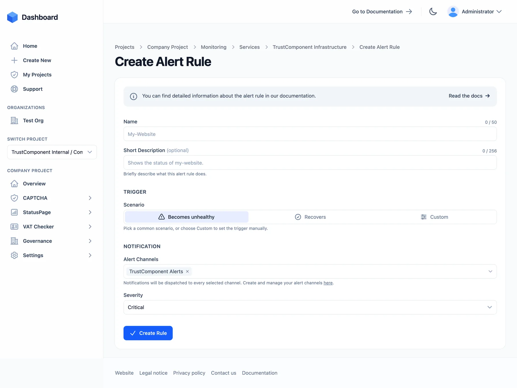 The Create Alert Rule form with scenario picker, alert channels, and severity