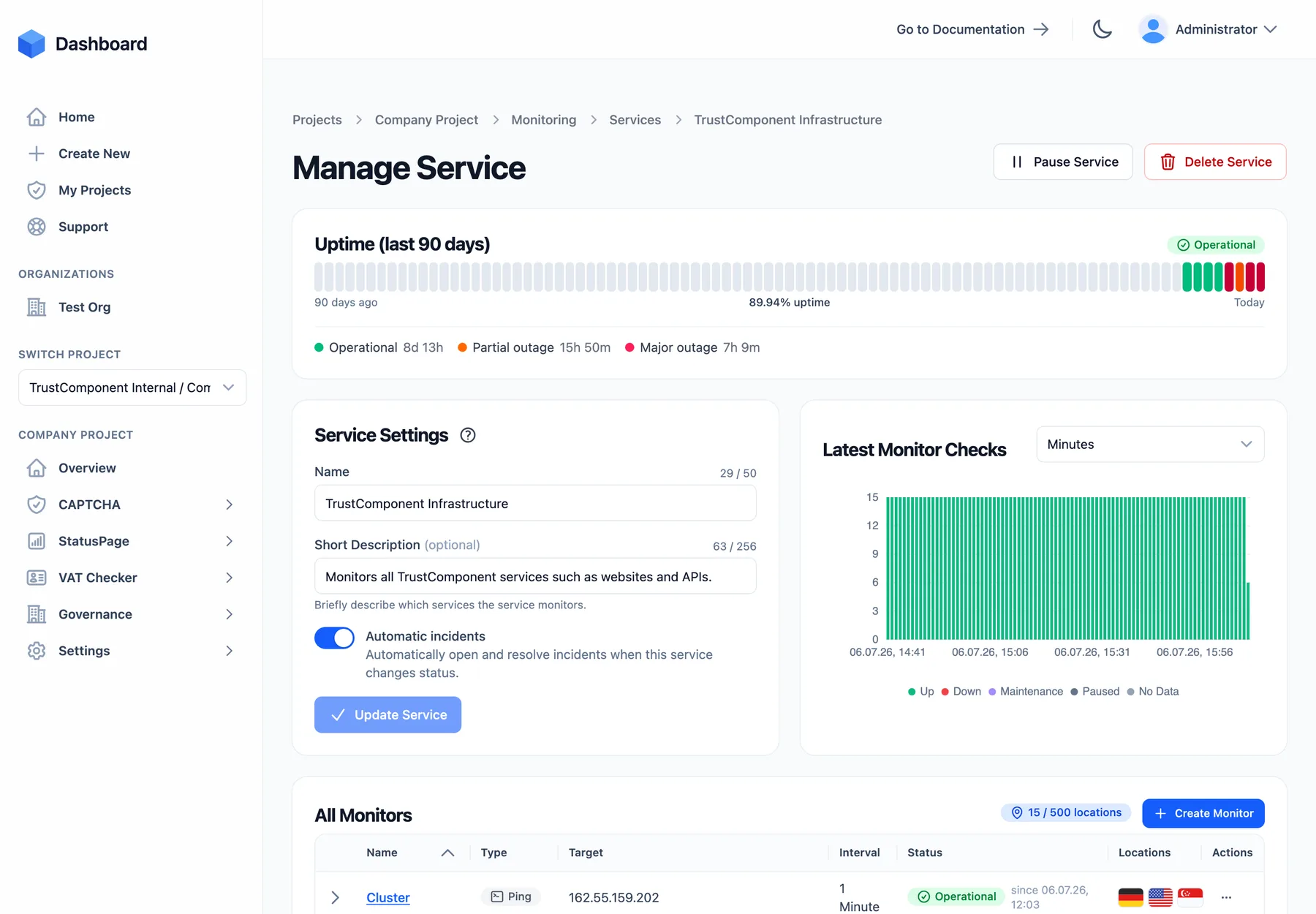 The service detail page with 90-day uptime bars, service settings, latest monitor checks, and the monitors table