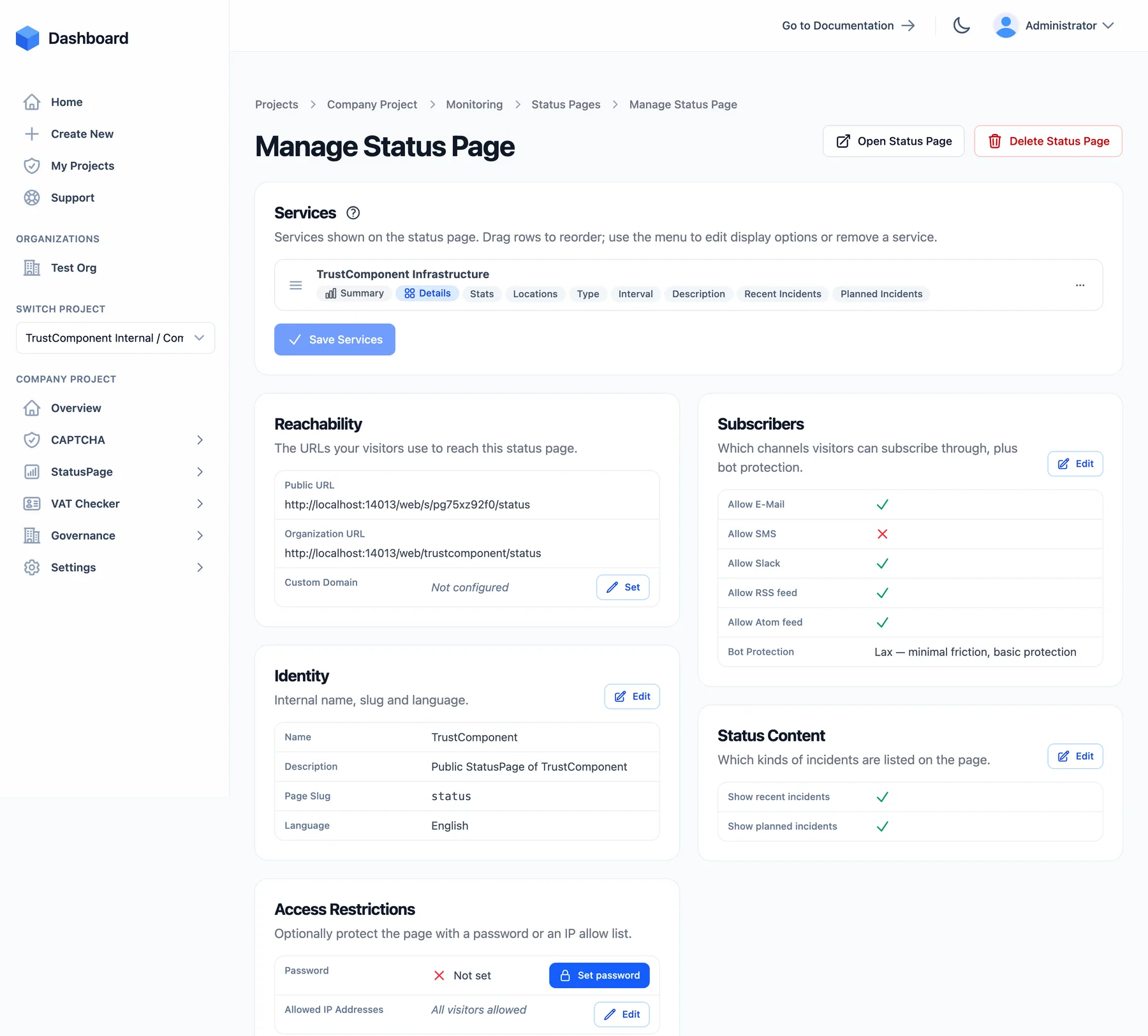 The Manage Status Page screen with services, reachability URLs, subscriber settings, identity, and access restrictions