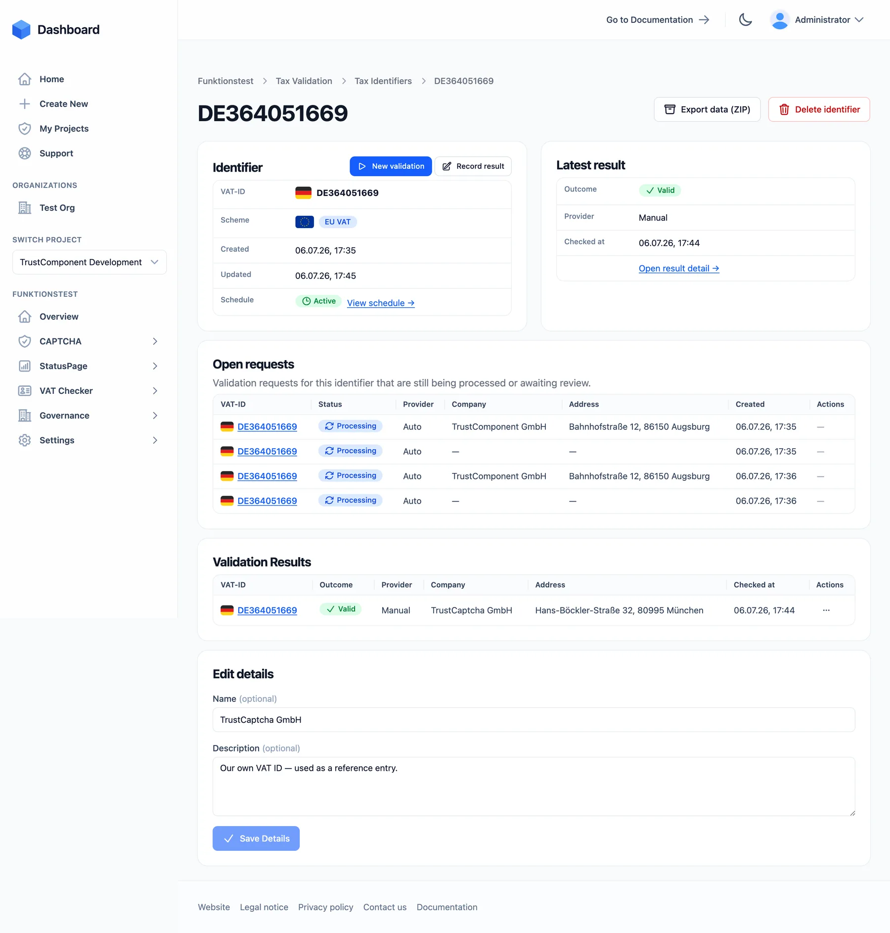 An identifier's detail page with the latest result, open requests, result history, and editable name