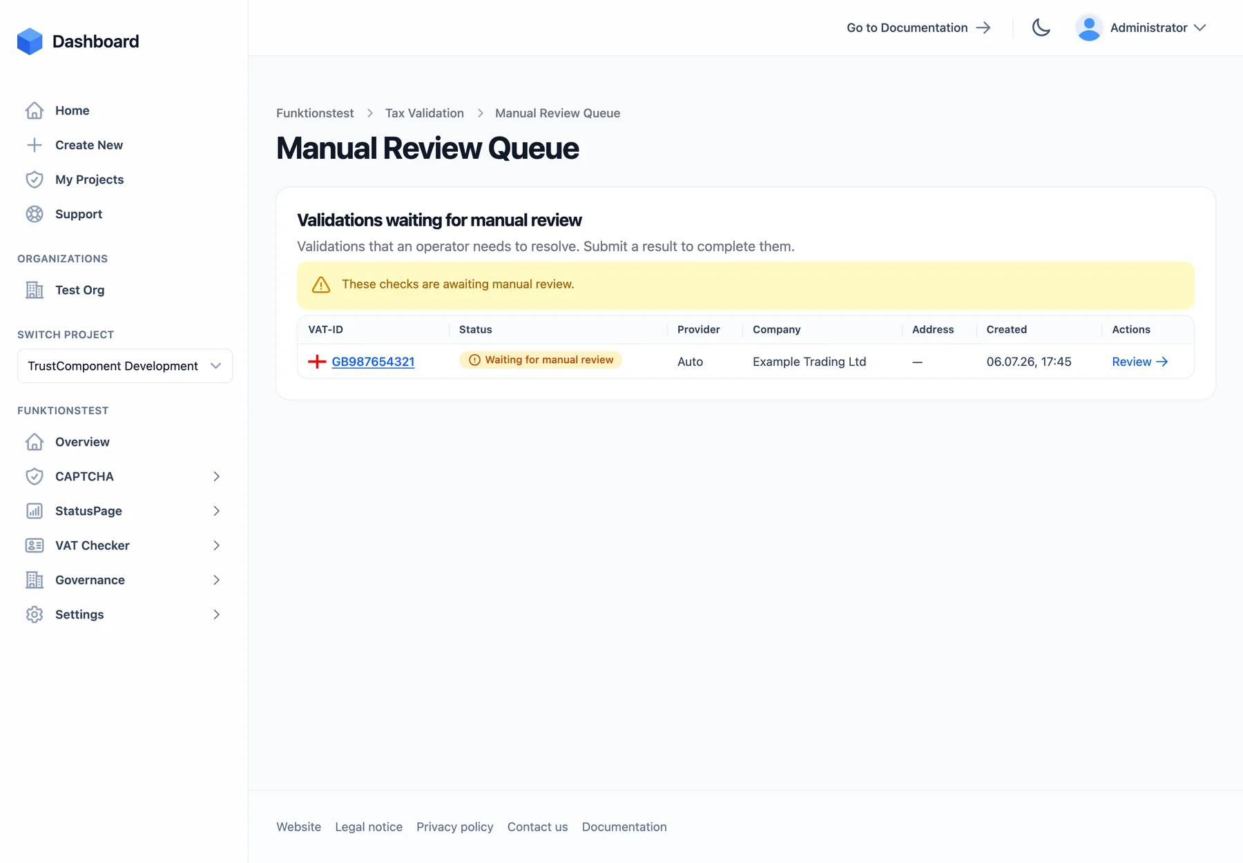 The Manual Review Queue with a validation waiting for an operator