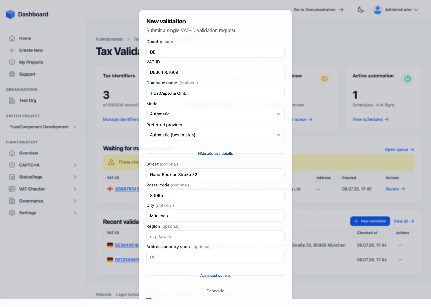The New validation modal with country code, VAT-ID, company name, address details, and schedule options
