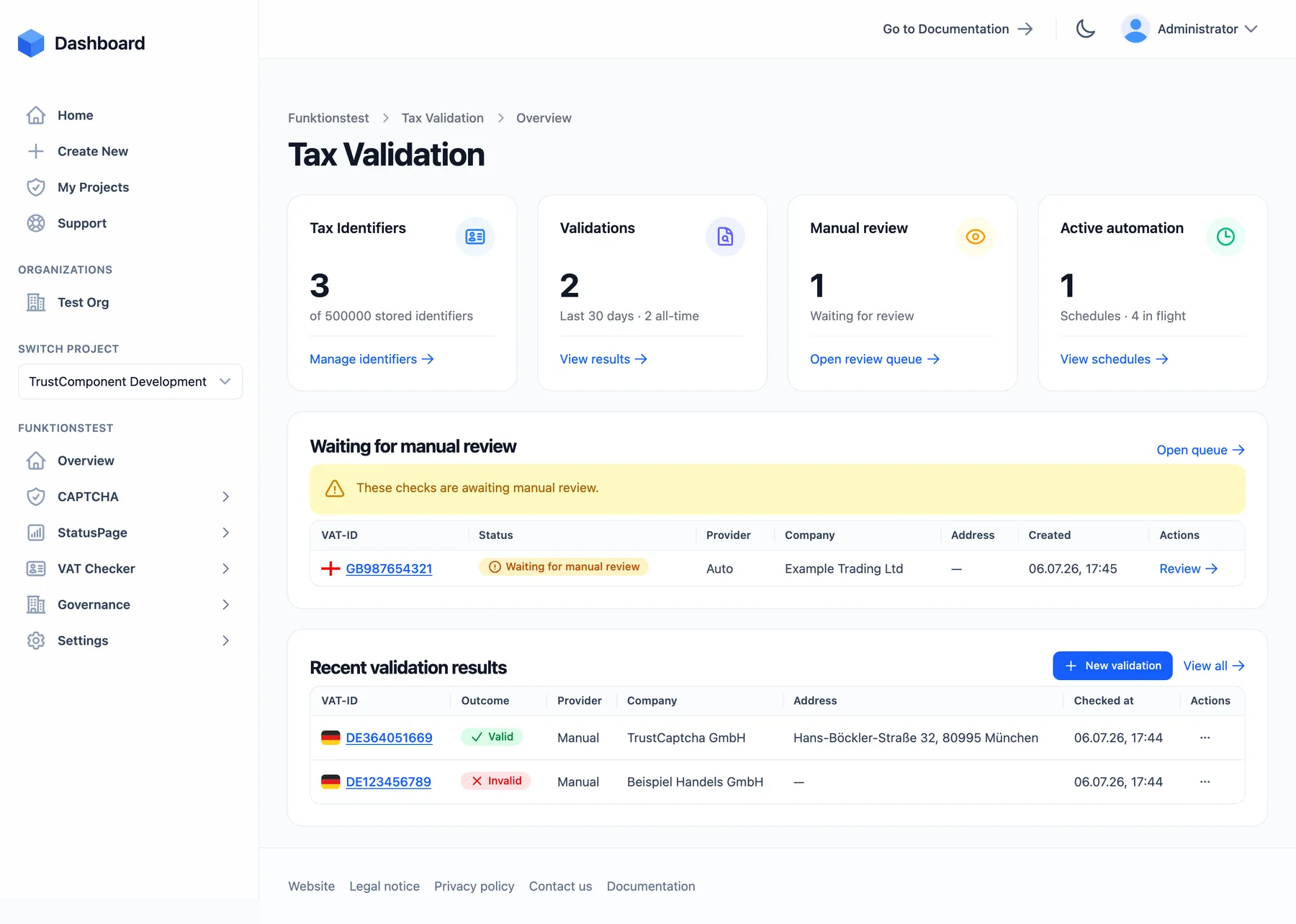 The VAT Checker overview page with identifier, validation, manual review, and schedule statistics