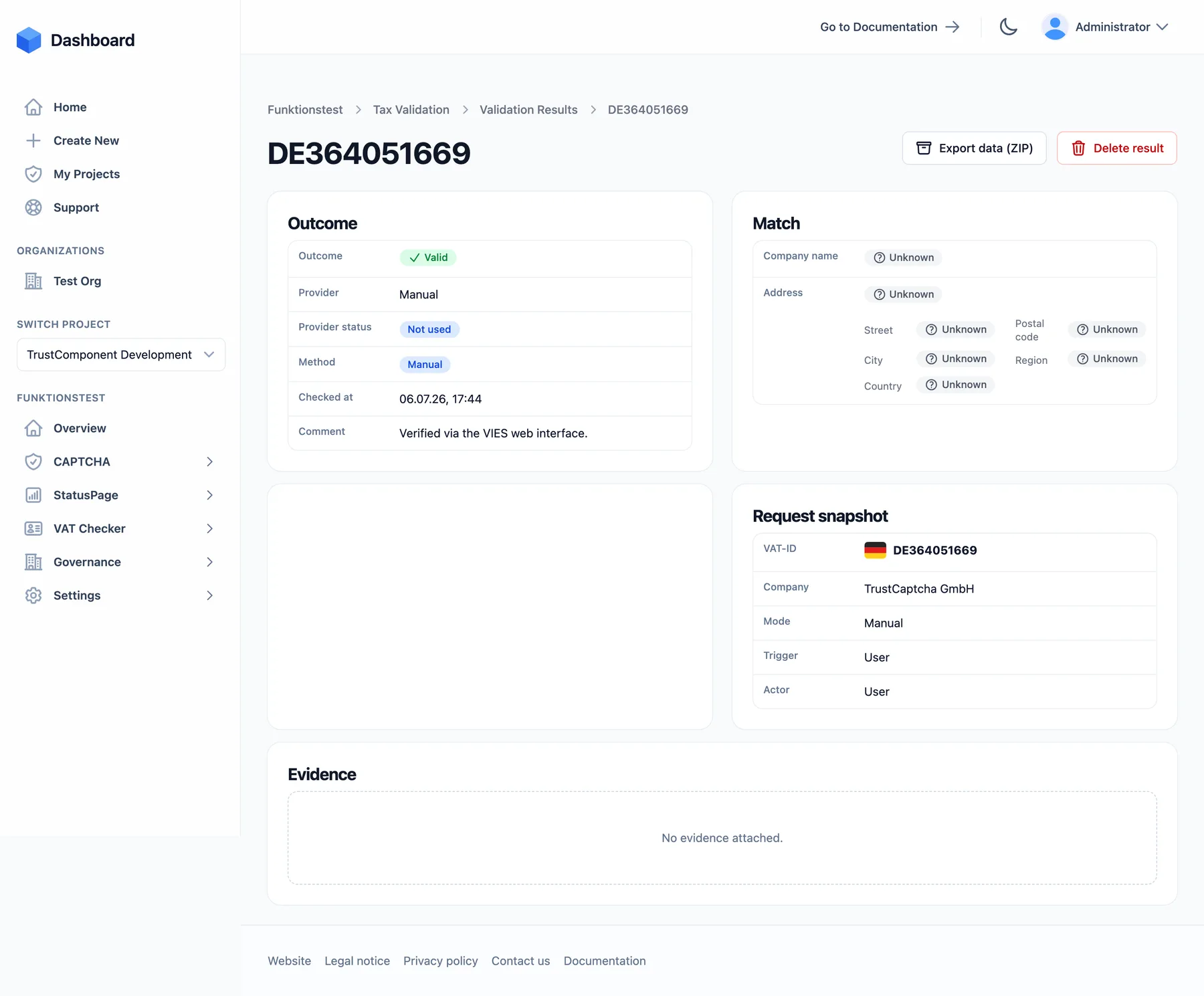 A result's detail page with outcome, match verdicts, provider response, request snapshot, and evidence