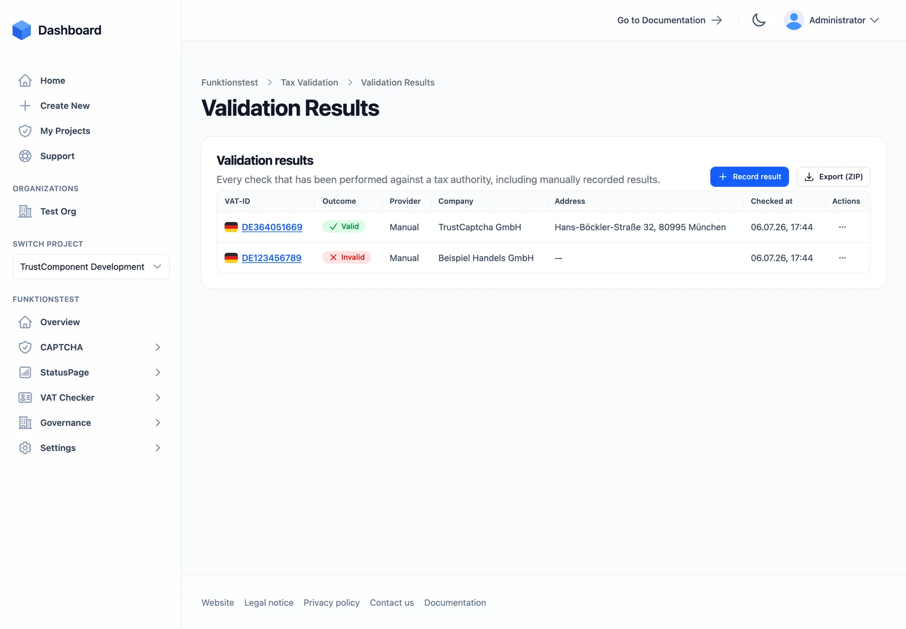 The Validation Results list with valid and invalid results from registry and manual checks