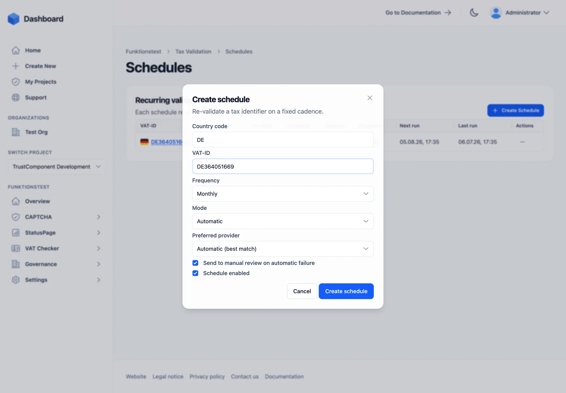 The Create schedule modal with country code, VAT-ID, frequency, mode, and manual-review options