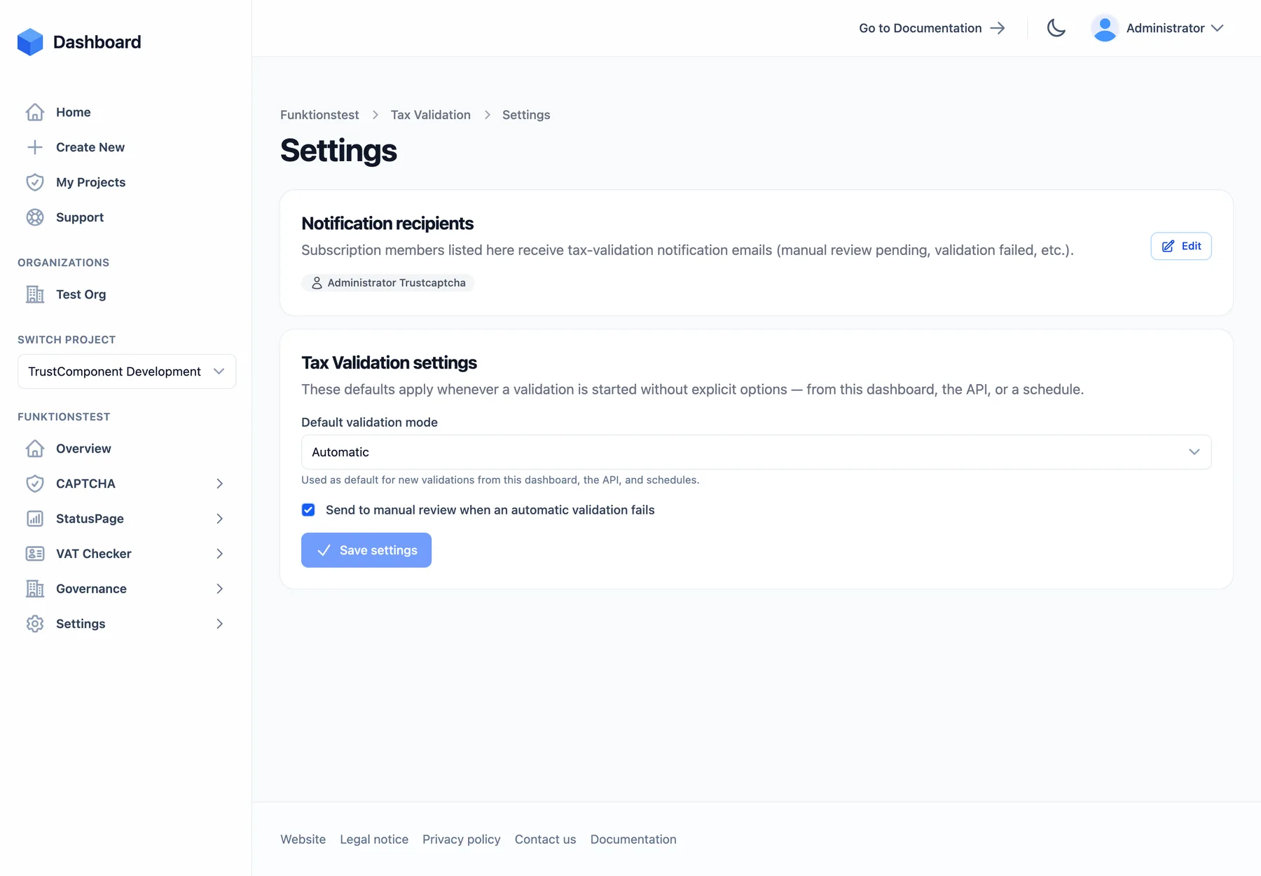 The VAT Checker Settings page with notification recipients and default validation behavior